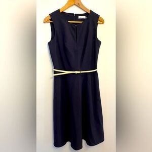 Calvin Klein “Classic Navy A-Line Suiting Dress With Off-White Belt”, Size 6